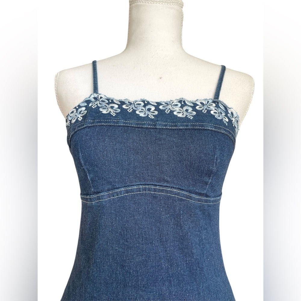 Vintage Y2k Brentwood Floral Embroidered Stretchy Denim Babydoll Mini Dress sz S - Picture 3 of 10